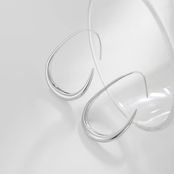 Silver Polished Lightweight Teardrop Large Oval Pull Hoop Earrings for Women - Picture 5 of 6